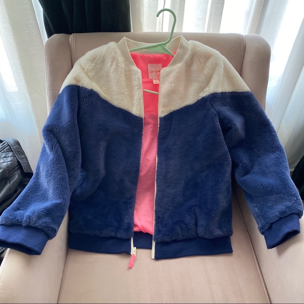 Cat and Jack Ivory and Blue faux fur bomber
